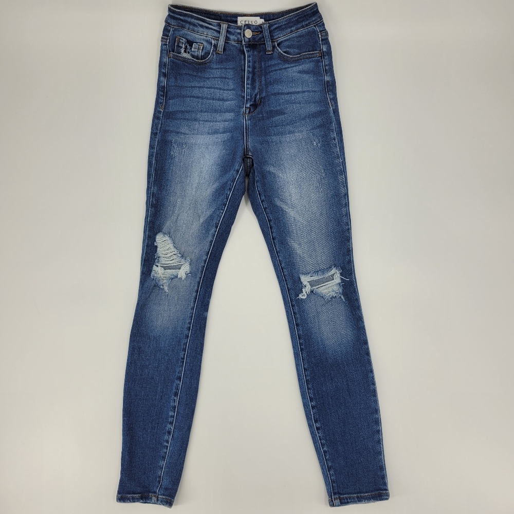 Cello Jeans Size 3 High Rise Skinny Fit Distressed Medium Wash Stretch Denim